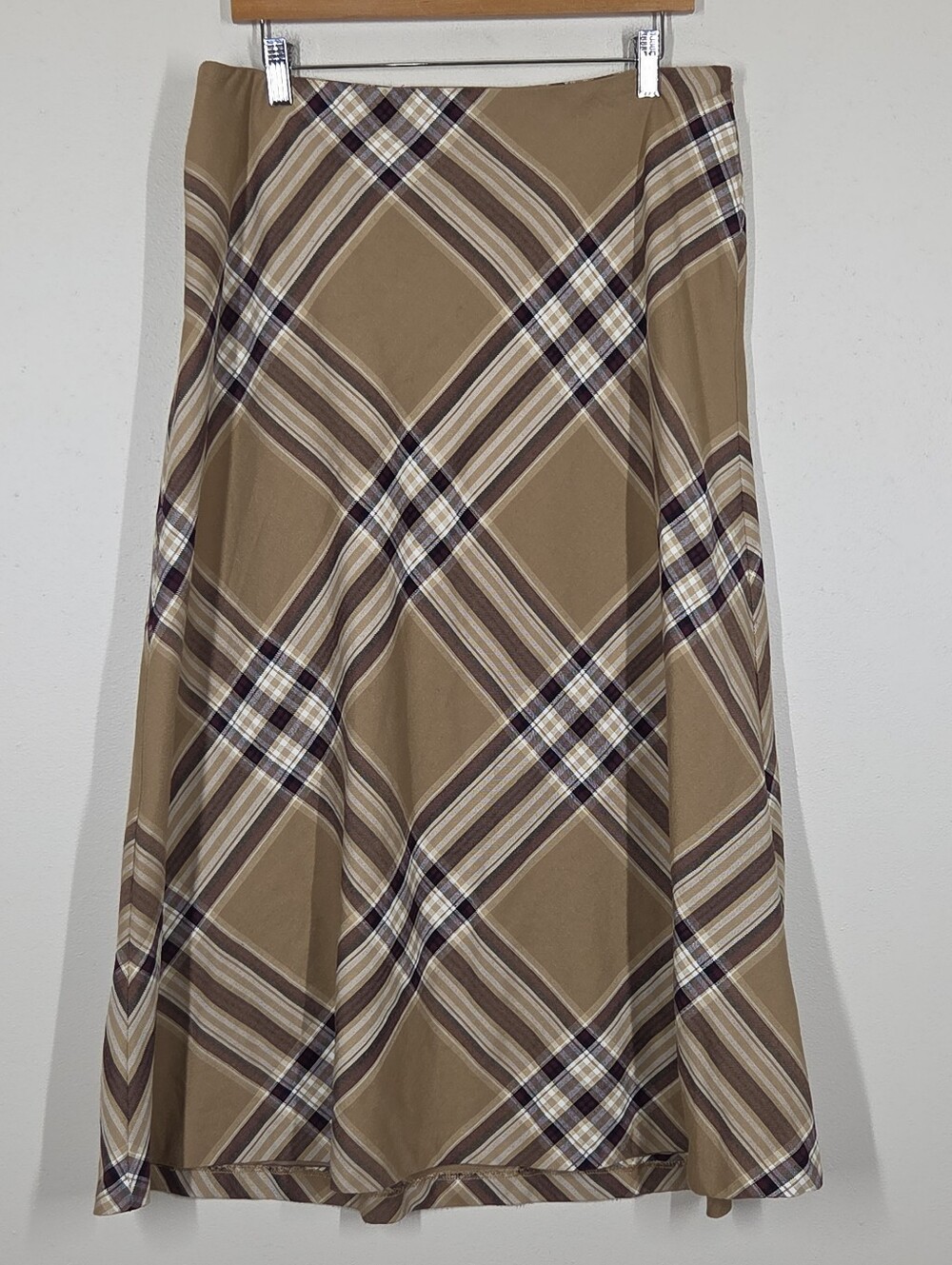 Vtg Y2K Tan Plaid A-Line Midi Skirt 16 Academia Preppy Old Money Grunge Boho